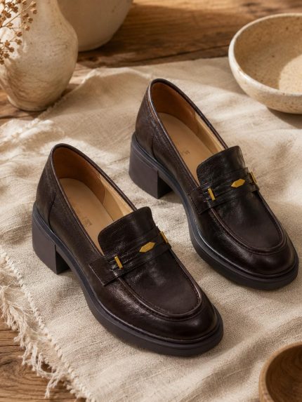 Genuine Leather Chunky Loafers for Women, Platform Penny Loafers, Handmade Comfort Work Shoes, Classic Brown Leather Slip On Shoes